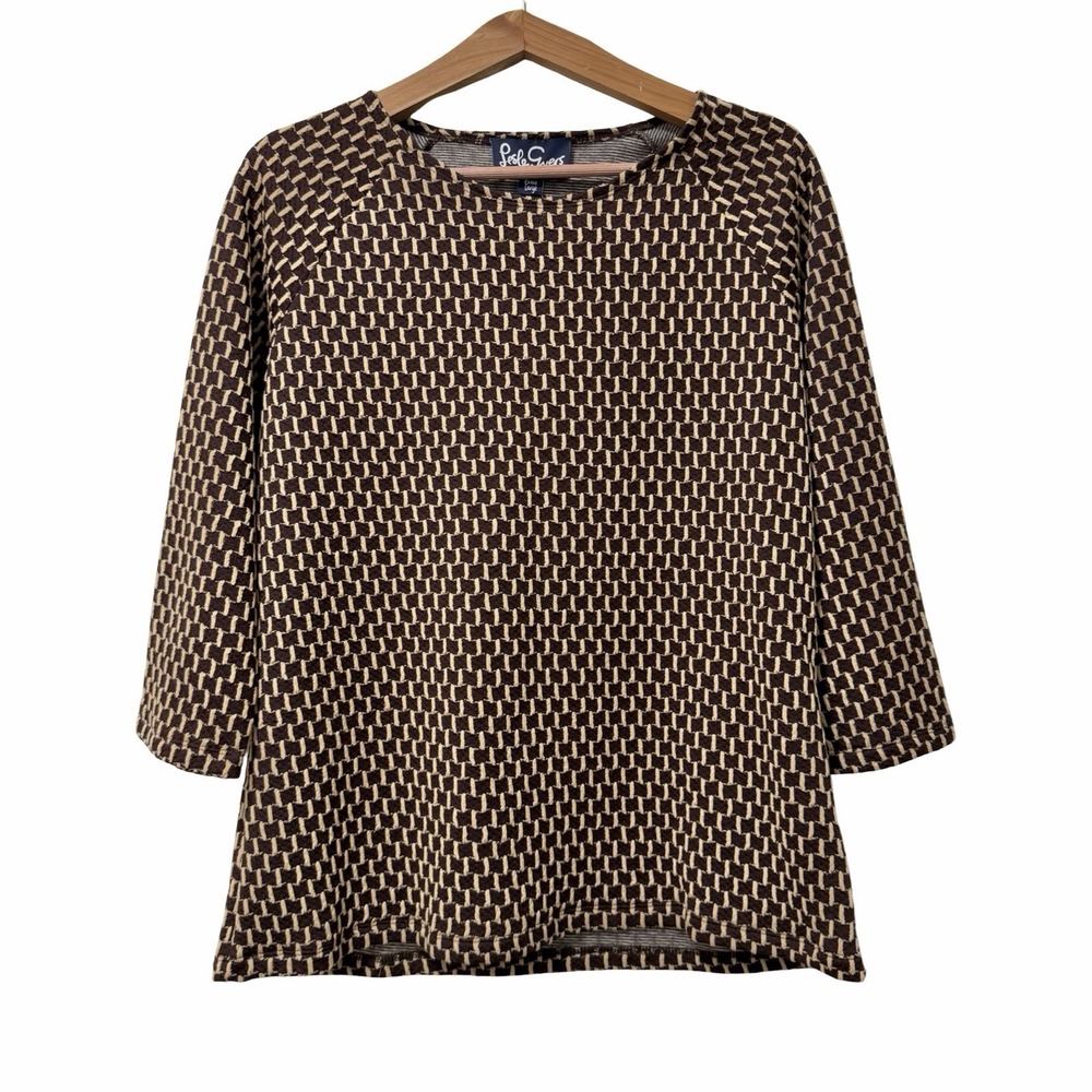 Lesley Evers Womens Adele Textured Knit 3/4 Sleeve Top Size XL Brown Jacquard